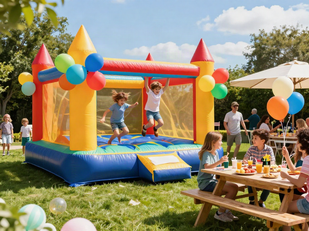 Children joyfully bouncing in a vibrant bounce house at a birthday party, surrounded by festive decorations.
