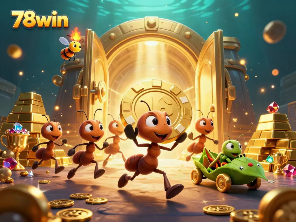 Experience the thrilling heist of 78win with cartoon ants carrying giant poker chips amidst treasures and vibrant visuals.