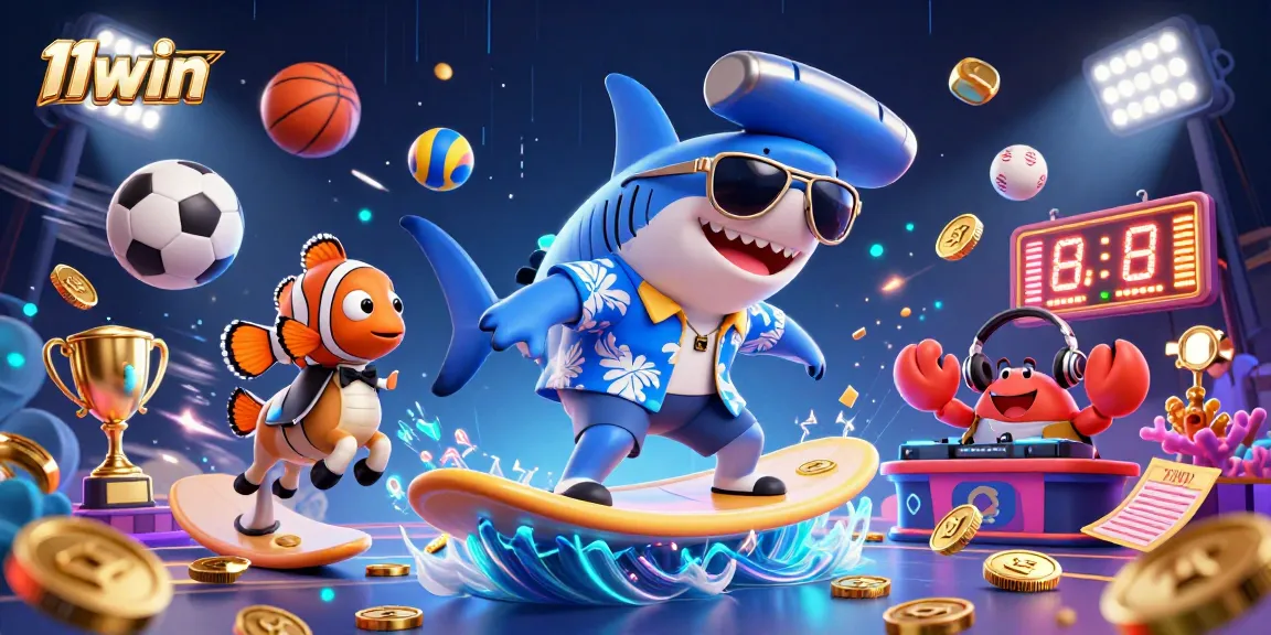 Join the excitement with 11win as our shark surfs gold coins in this vibrant casino scene.