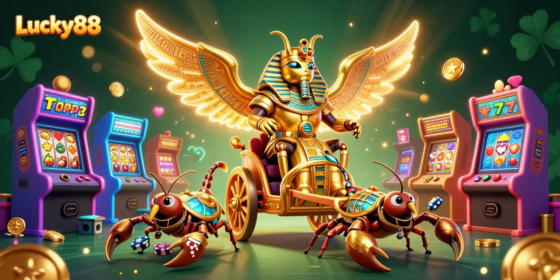Experience the thrilling adventure with Lucky88 as a colossal scarab beetle and scorpions dominate the gaming arena.