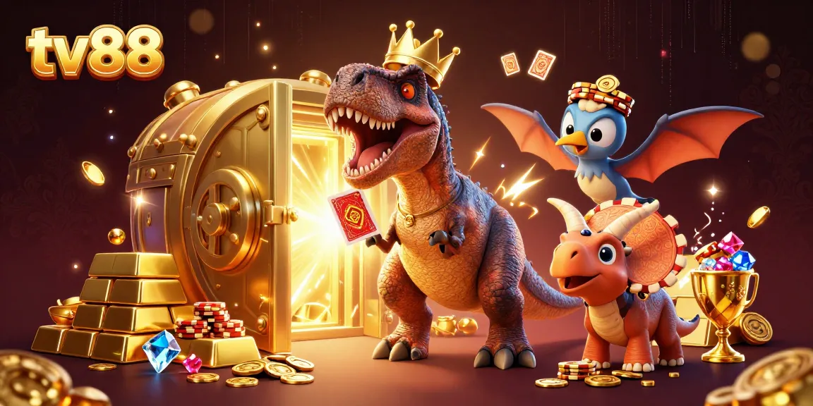 Experience thrilling gameplay with tv88 as a T-Rex deals cards in an extravagant casino setting.