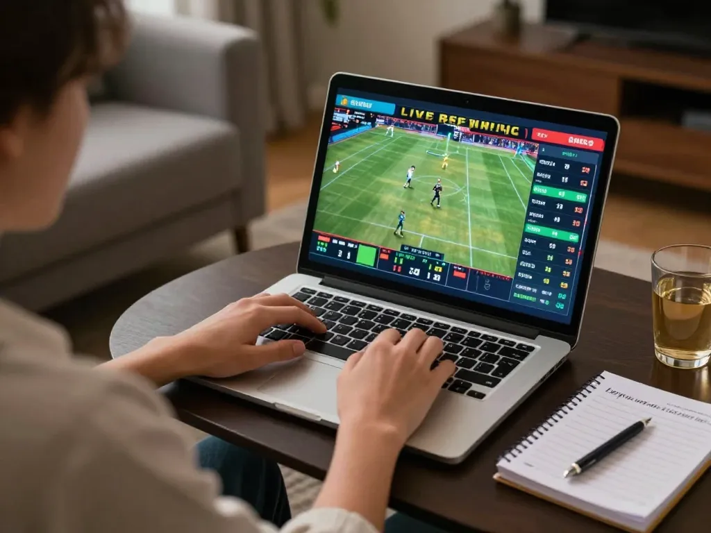 Engaging in live sports betting at home using ee88go, laptop displaying betting odds and game strategies.