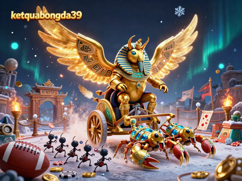 Experience thrilling sports betting action with ketquabongda39's vibrant illustration of a golden scarab beetle leading a chariot in a richly detailed arena.