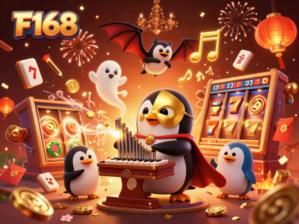 Engage with F168's vibrant gaming scene featuring a playful penguin and festive elements.
