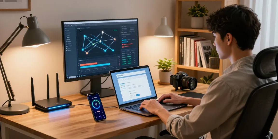 快连 software interface displayed on a laptop screen in a cozy home office setting.