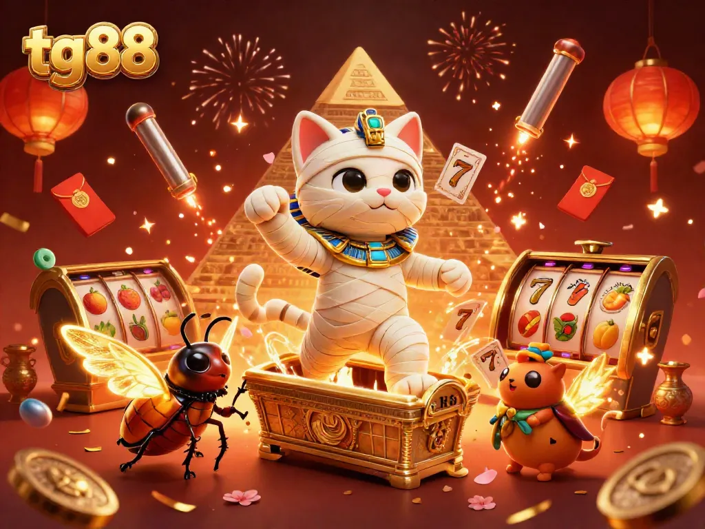Engage with tg88's unique casino experience featuring a cartoon mummy cat and lively gaming elements.