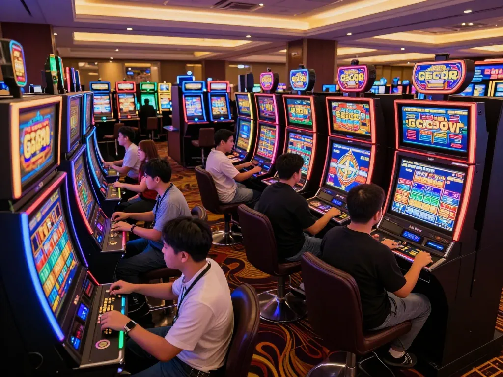 Players engaging with vibrant slot gacor machines in a busy casino setting
