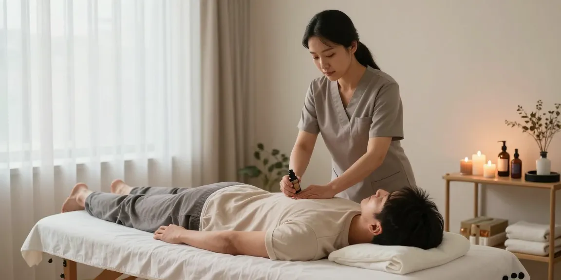 Professional 광명출장마사지 therapy in a serene home setting, showcasing relaxation and wellness services.