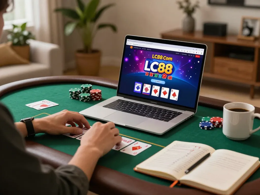 Engaged player exploring the vibrant interface of lc88 com while enjoying a cozy home gaming atmosphere.