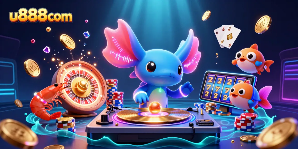 Experience the thrills of u888com with vivid gaming scenes of vibrant characters and rich casino elements.