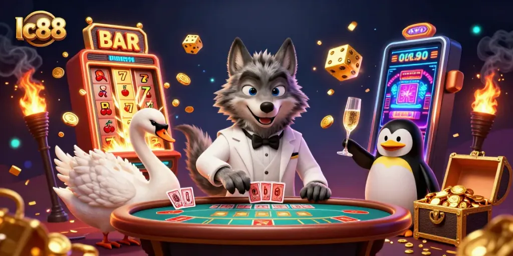 Engage withlc88 casino's vibrant scene featuring a debonair wolf and elegant characters at a baccarat table.