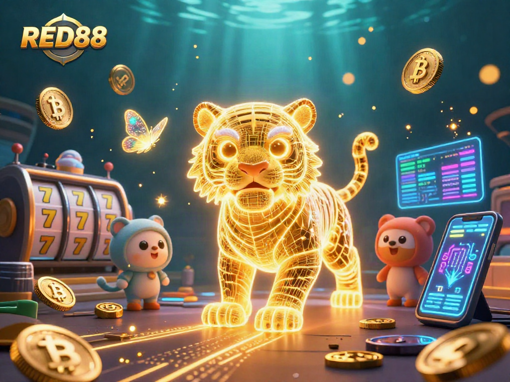 Experience the thrill of winning with RED88 in this vibrant casino illustration.
