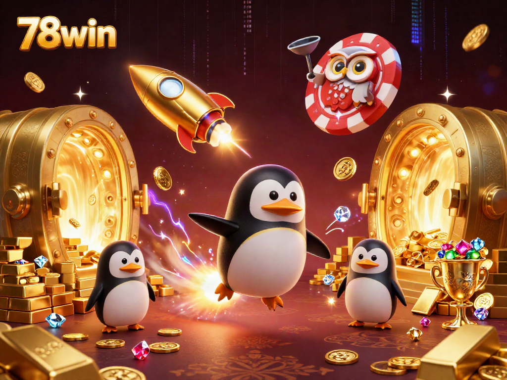 Stunning 3D illustration of 78win’s golden penguin mascot soaring through a vibrant casino-themed space with treasures.