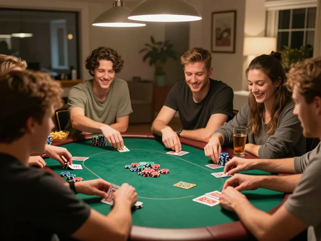 Friends enjoying a thrilling poker game at home, placing bets and celebrating wins with bom88 ambiance.