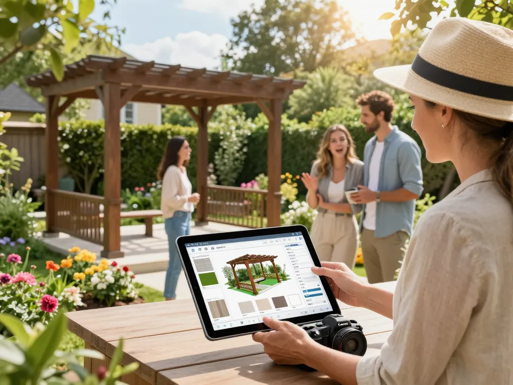 Designer using Pergola Configurator Software to create a 3D model in a lush garden.
