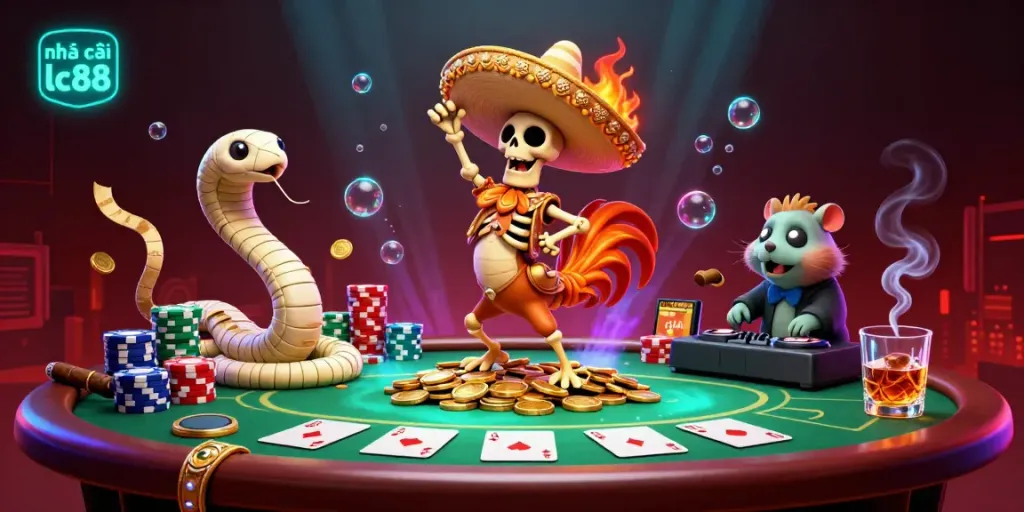 Engage with nhà cái lc88 through a lively scene featuring animated characters celebrating on casino coins.