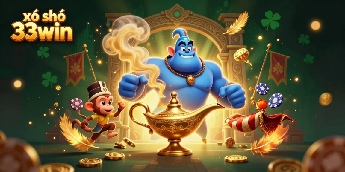 Experience the excitement of xổ số 33win with a colorful scene featuring a genie, monkey, and poker chips.