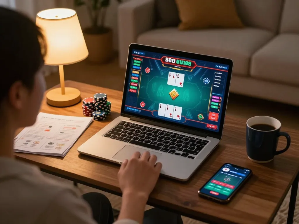 Player enjoying online poker at home on UU88, showcasing strategy notes and game interface.