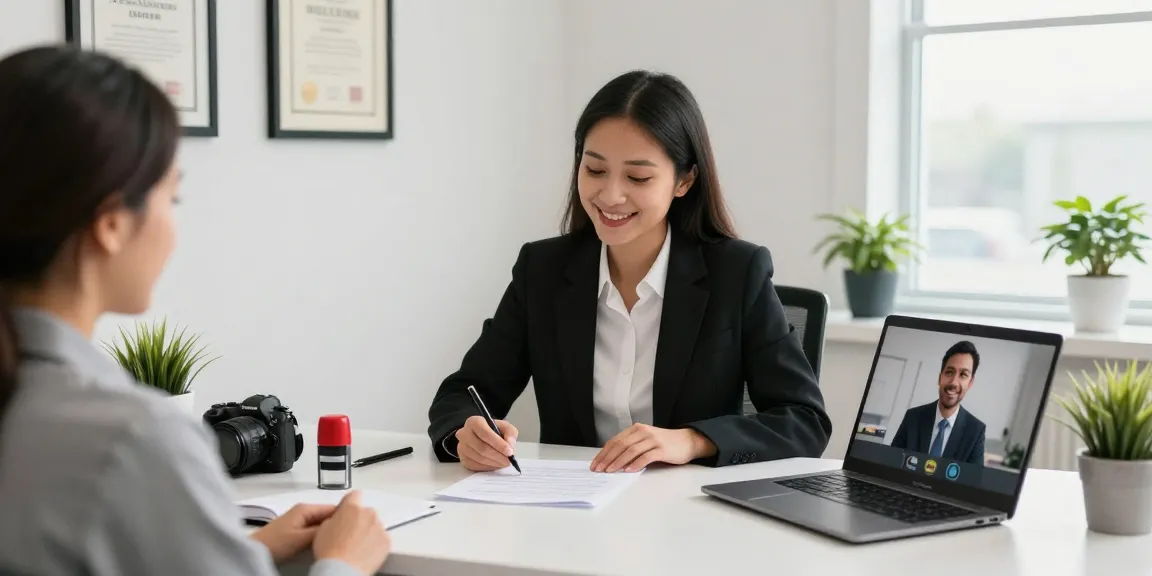 Notary public in Brampton assisting a client with documents in a professional office.