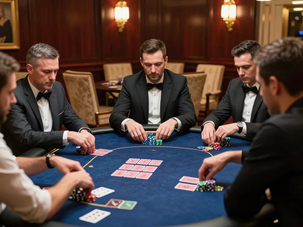 Players strategizing in a high-stakes poker game at dagago’s luxurious casino setting.