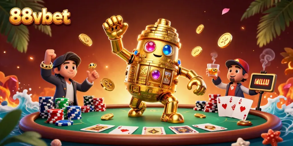 Engage in thrilling casino fun with 88vbet's vibrant poker scene featuring golden character elements.