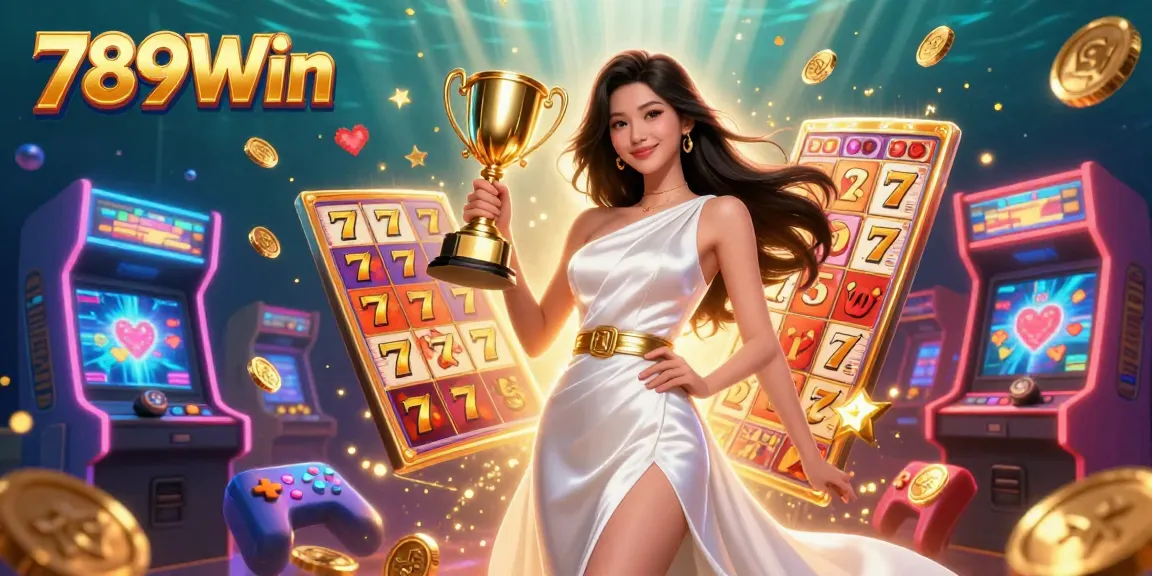 Experience the thrill of 789Win with this dynamic casino-themed illustration, showcasing vibrant slot machines and a triumphant character.