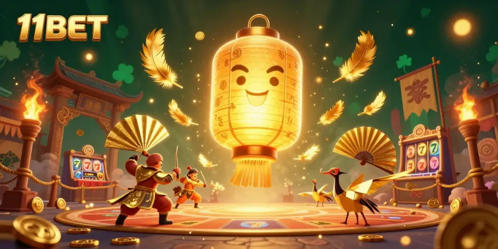 Experience vibrant 11BET casino gameplay with a magical golden lantern spirit amidst dynamic gaming elements.