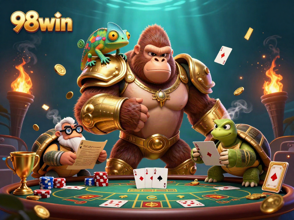 Engage with thrilling poker action at 98win featuring dynamic characters and vibrant casino atmosphere.