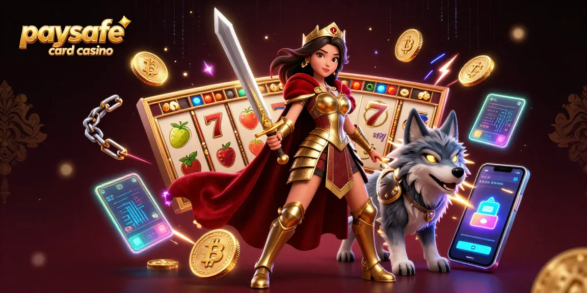 Paysafe Card Casino mit einer beeindruckenden Kriegerkönigin und einem gepanzerten Wolf, umgeben von dynamischen Slot-Elementen und Kryptowährungen.