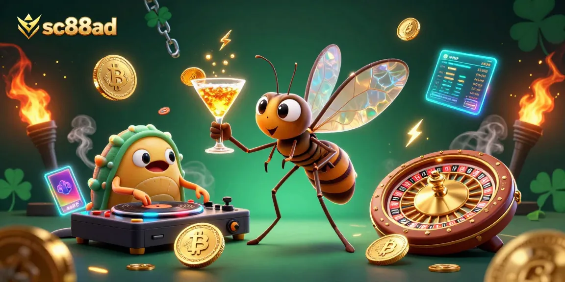 Engage with SC88AD's vibrant casino scene featuring an animated mosquito mascot and thrilling game elements.