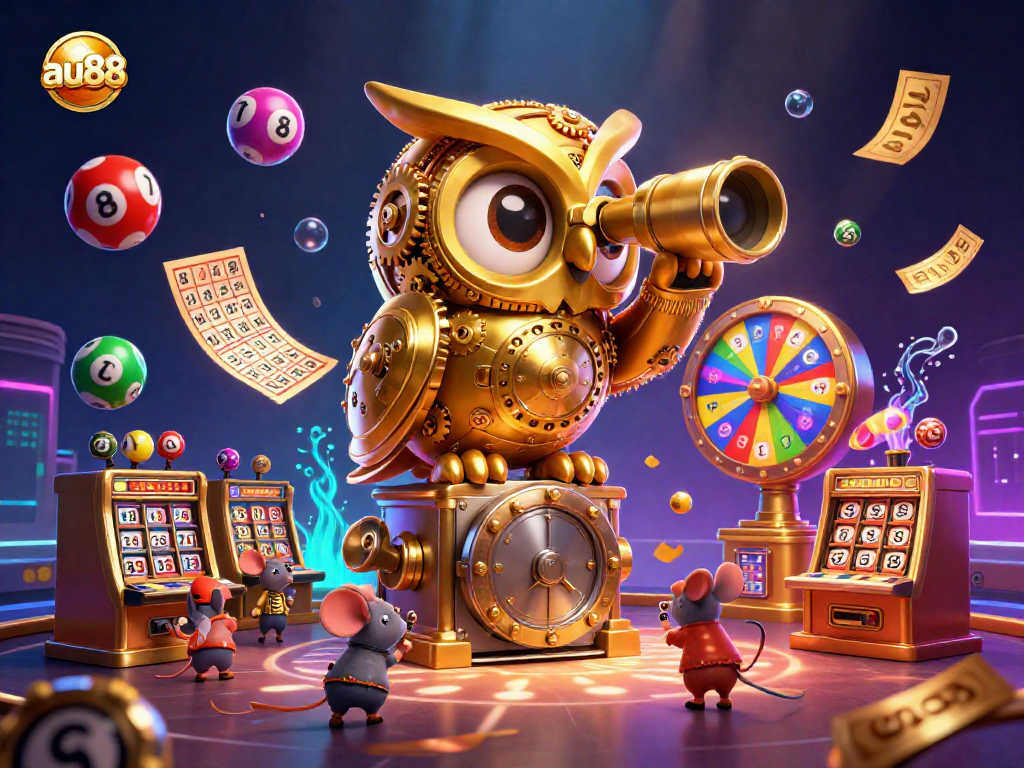 Experience the thrilling action of AU88 with a clockwork owl and vibrant casino elements.