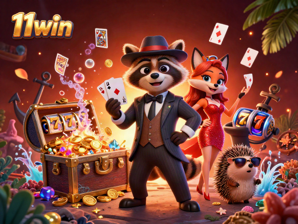 Experience high-stakes action with 11win as characters celebrate a royal flush amidst vibrant casino elements.