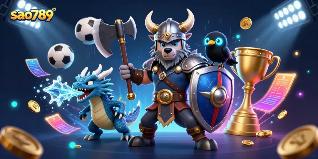 Experience the excitement of betting at sao789 with engaging characters and dynamic gaming elements in this 3D illustration.