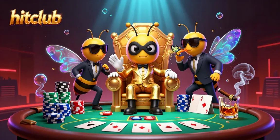 Hitclub players strategize with poker chips and cards in a lively, animated casino scene.