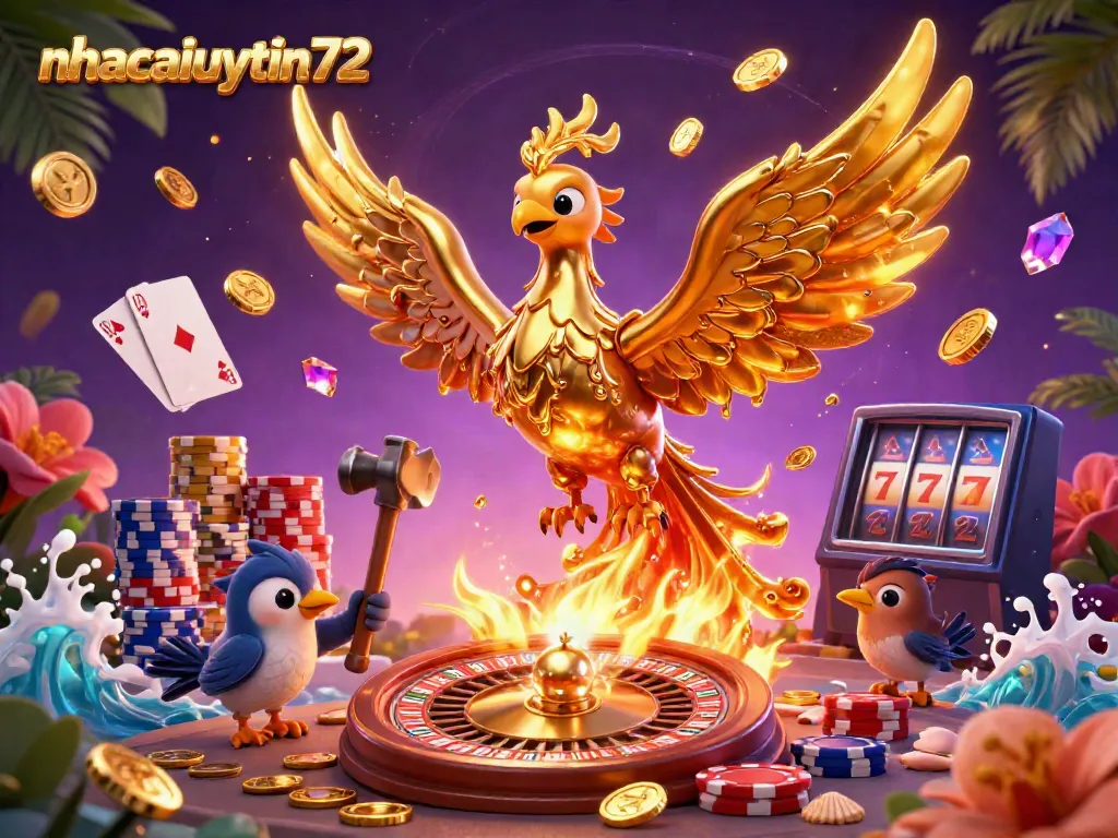 Engage with vibrant gaming action at nhacaiuytin72 featuring a golden phoenix, coins, and roulette.