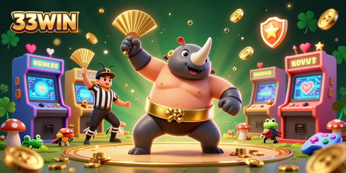 Experience thrilling excitement at 33WIN with a 3D cartoon rhinoceros beetle sumo champion amid casino gold vibes.