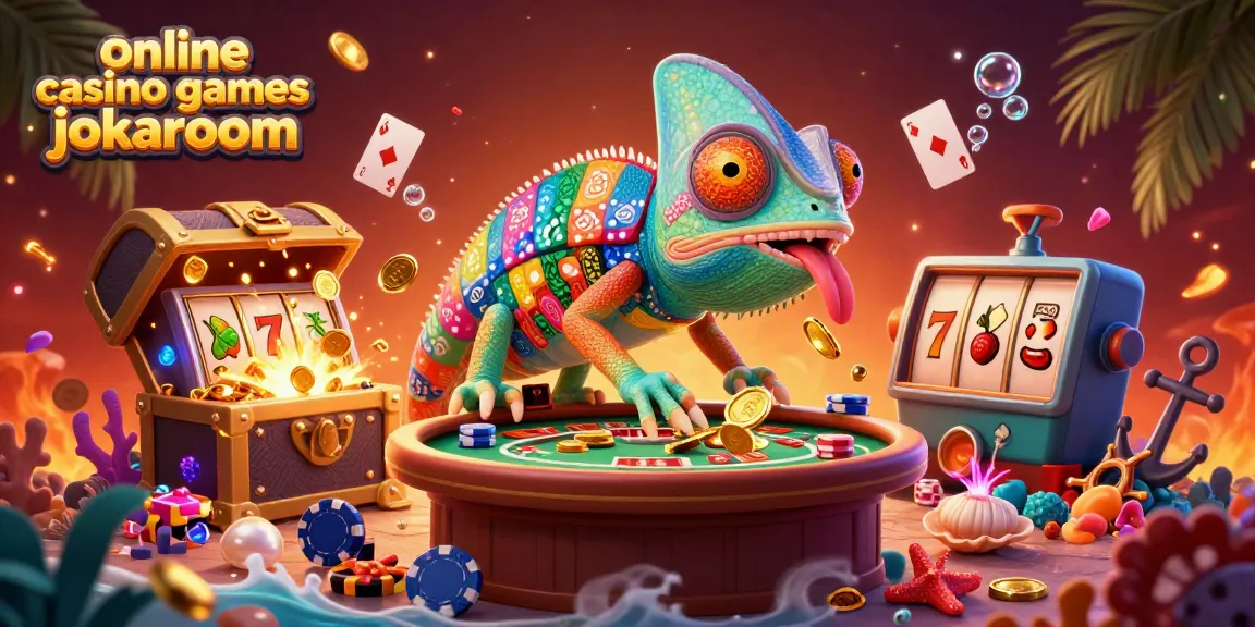 Engage with online casino games jokaroom featuring a chameleon casino owner amidst vibrant game elements.