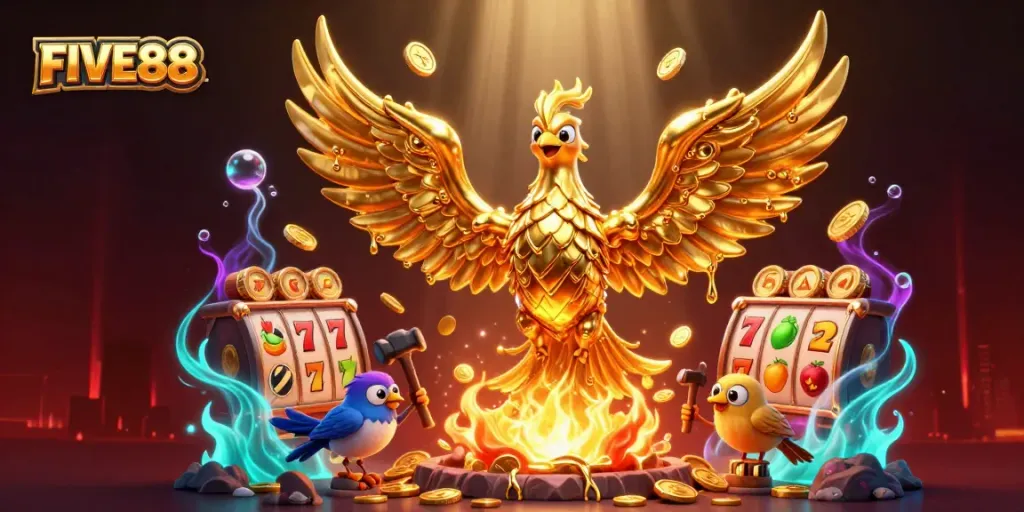 Win big with FIVE88 slots in this vibrant 3D illustration filled with gold coins and casino excitement.