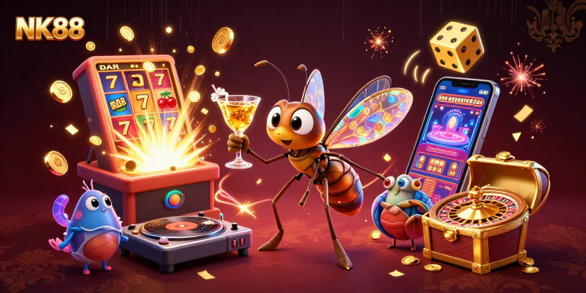 Experience the thrill of NK88 with a dynamic casino-themed illustration featuring unique characters and game elements.