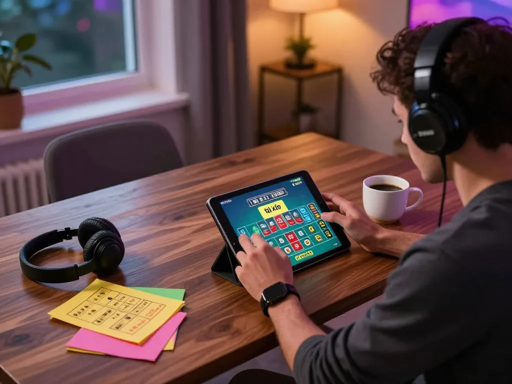 Playing tài xỉu online on a tablet in a cozy home setting with strategy notes and a warm ambiance