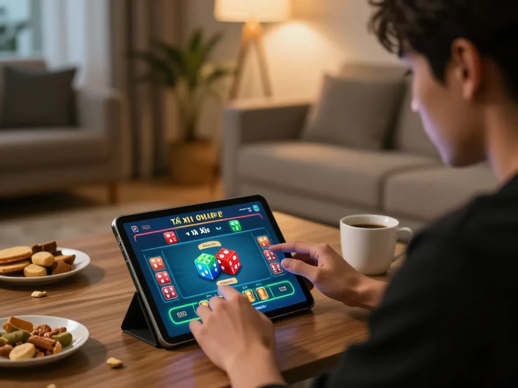 Engaging with the app tài xỉu online uy tín at home, showcasing a player betting on a tablet in a cozy setting.