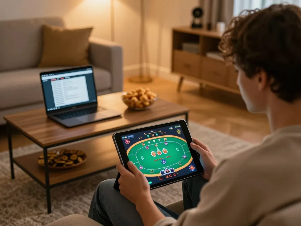 Engaging online gameplay at nhà cái max88 on tablet, surrounding cozy gaming atmosphere, fostering responsible gambling.