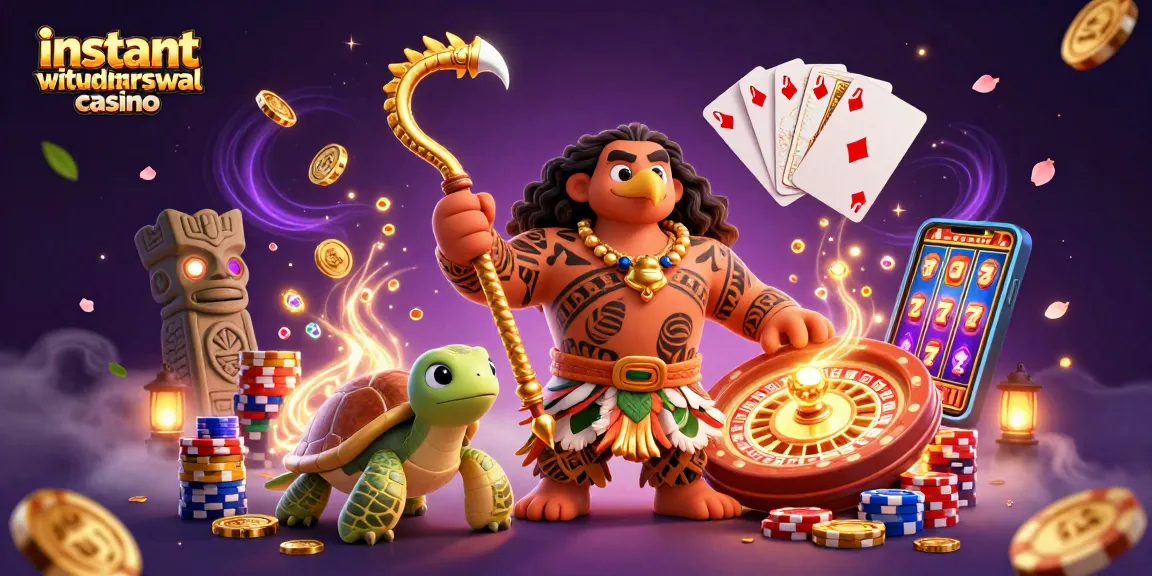 Experience the instant withdrawal casino magic with vibrant 3D characters amidst sparkling coins and lively cards.