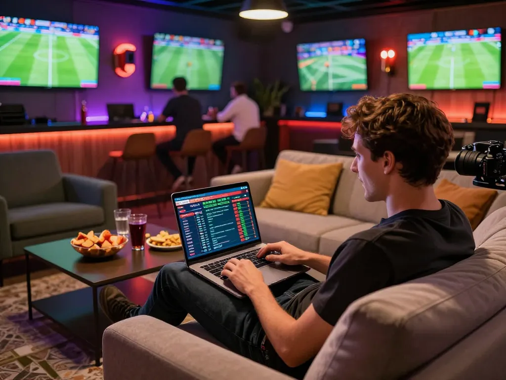Kết quả bóng đá updates on sports betting with a person using a laptop in a cozy atmosphere.