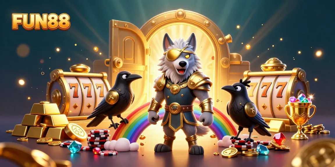 Experience thrilling wins with FUN88 as Odin and his ravens stand on a vibrant casino scene filled with treasures.
