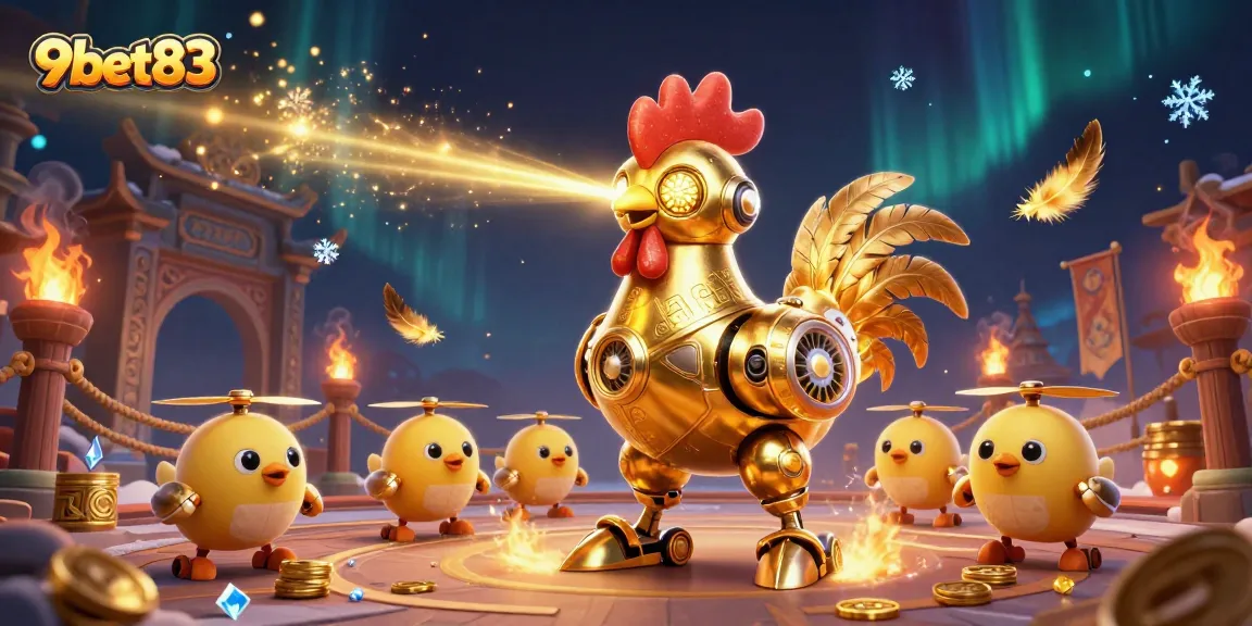 Engage in thrilling gambling at 9bet83 with a spectacular robotic rooster and golden tokens!