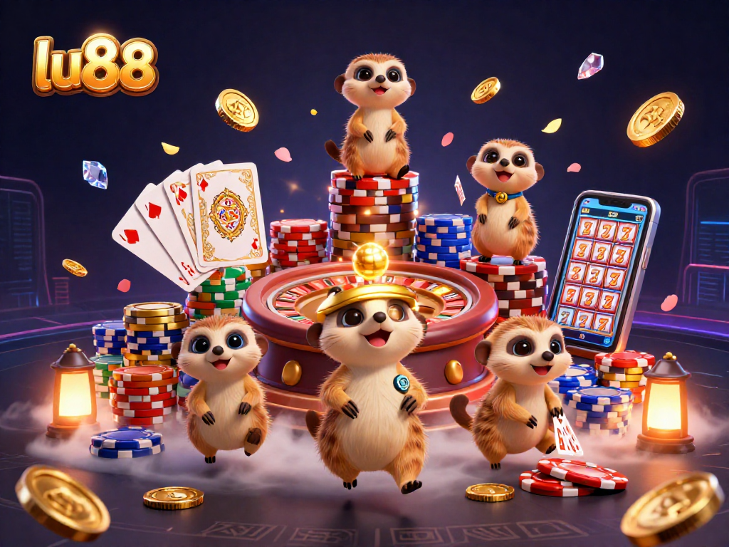 Experience the dynamic excitement of lu88 with meerkats managing a colorful casino scene full of action.