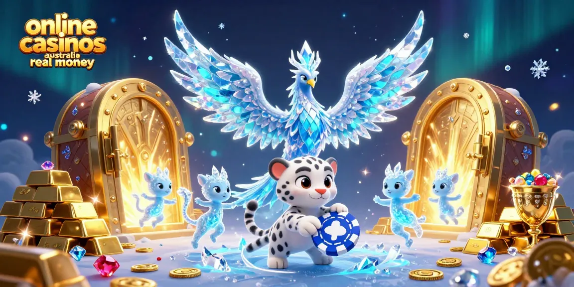Engage with online casinos Australia real money featuring an ice phoenix and treasures in a magical scene.