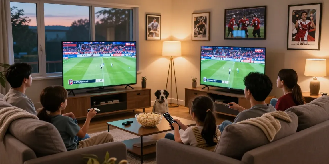 Family enjoying IPTV sports broadcast together in a cozy living room with warm lighting.
