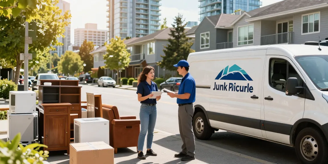Engaging scene of Vancouver Junk Pickup with service provider and residential items during friendly interaction.
